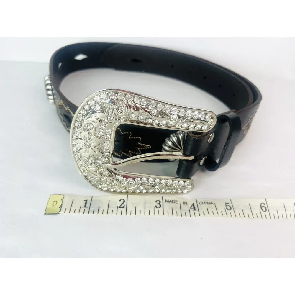 Nocona Women’s Medium Western Leather Boho Silvertone Buckle Rhinestone Belt